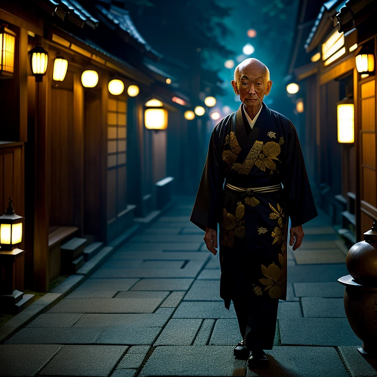 A traditional Japanese yokai known as Nurarihyon, an old man with a gourd-shaped head, dressed in elegant kimono, casually entering a traditional Japanese house. the mysterious yokai with a large, gourd-shaped head, gliding through a misty, lantern-lit street in an ancient Japanese village at night.A modern interpretation of Nurarihyon, a stylish old man with a distinctive head shape, blending into a busy urban environment with neon lights and bustling crowds sinister depiction of Nurarihyon, with glowing eyes and a menacing expression, standing in the shadows of a haunted, old Japanese mansion　Nurarihyon, the enigmatic yokai, walking through an enchanted forest under the moonlight, with ethereal spirits and glowing fireflies surrounding him."