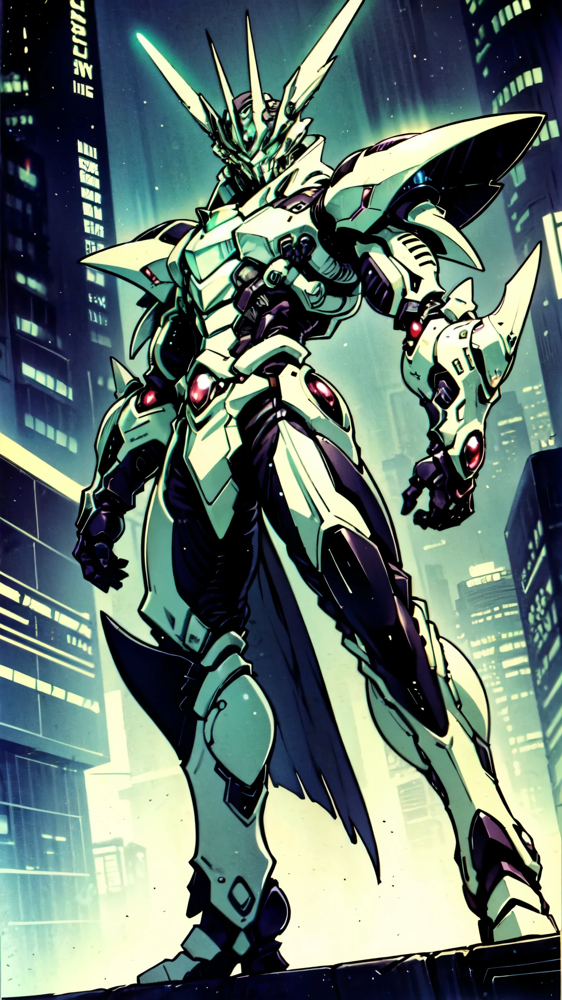 (masterpiece:1.5, best quality:1.5, extremely delicate:1.5, foreshortening:1.5, dynamic angle:1.5), a man wearing a full-face helmet, a fantasy-style biotech armored combat suit, green eyes, (a composite layered chest armor), fully enclosed shoulder guards, matching arm and leg guards, the belt is adorned with neon circuitry, (the color scheme is primarily black with green white accents), the design balances heavy with agility, a high-tech bio-mecha armor, (Armor Concept Inspired by neon Cyberpunk, stand on the top of a skyscraper in a futuristic sci-fi city), this character embodies a finely crafted fantasy-surreal style armored hero in anime style, exquisite and mature manga art style, (element, plasma, energy, the armor glows), ((male:1.5)), metallic, high definition, highres, ultra-detailed, ultra-fine painting, professional, perfect body proportions, golden ratio, anatomically correct, symmetrical face, extremely detailed eyes and face, high quality eyes, creativity, RAW photo, UHD, 32k, Natural light, cinematic lighting, masterpiece-anatomy-perfect