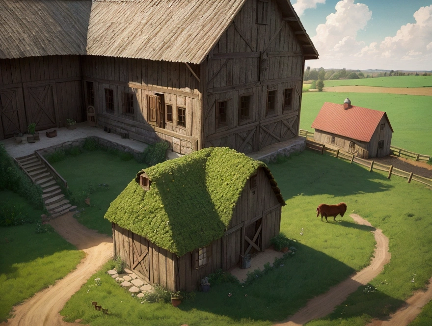 a warm farm with a medieval style at the middle of the day, the camera placed on near the ground and view is a farm house.