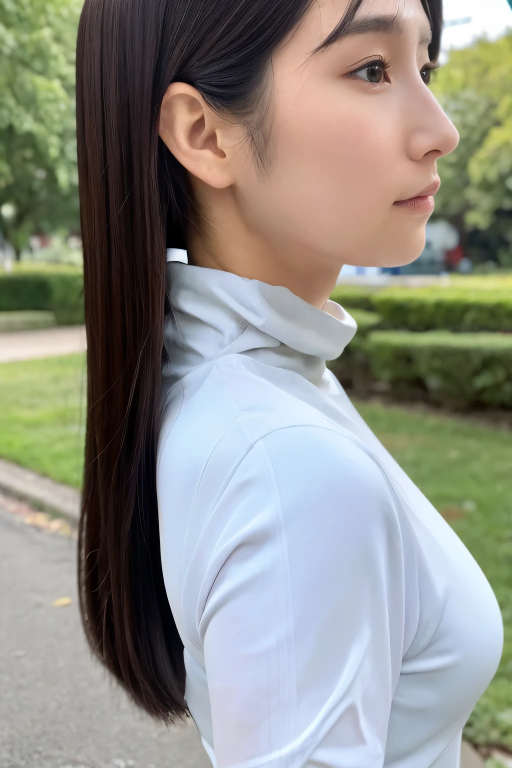 ((top-quality, in 8K, masterpiece:1.3)), Beautiful Japanese woman, perfect body:1.4, Slim abs:1.2, ((Straight hair:1.2)), (turtle neck:1.1), (a street:1.2), wetbody:1.5, Three-dimensional texture, A detailed eye, Brown hair, very thin waist, posterior view, looking back to the viewers