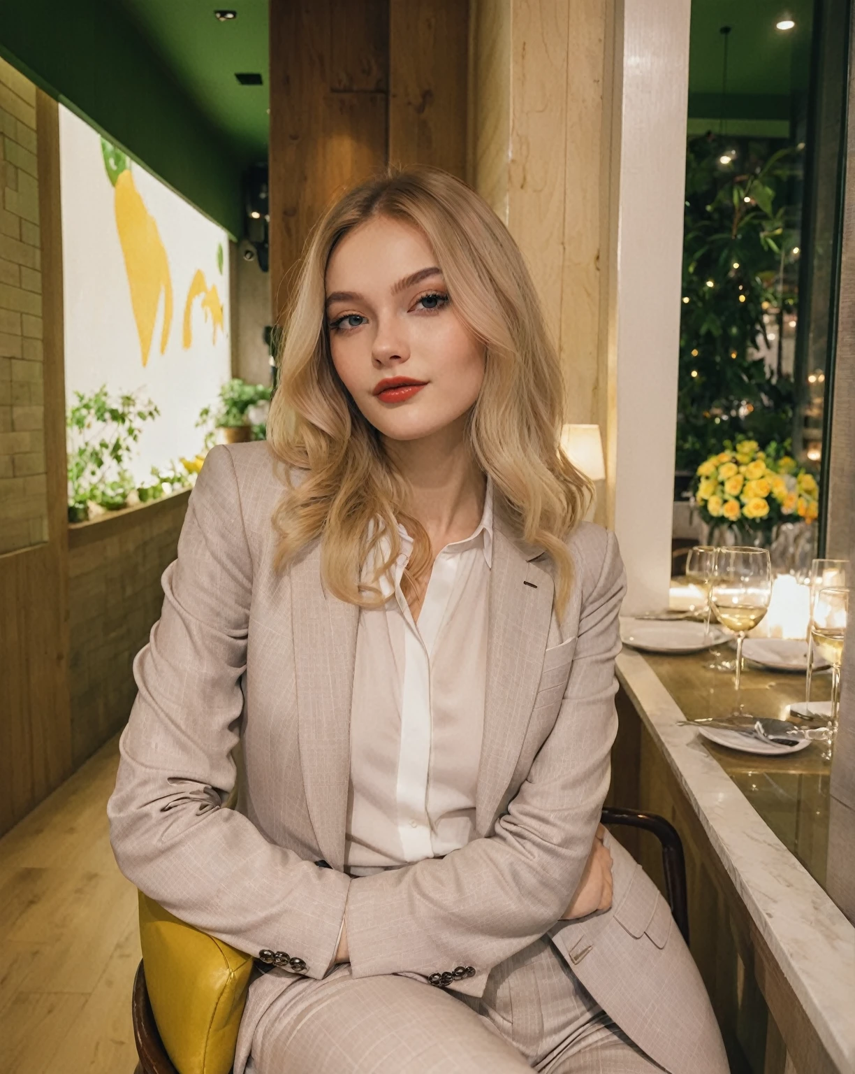 blonde woman sitting on a chair in a restaurant with a glass of wine, Anna Nikonova aka Newmilky, girl in suit, girl in suit, Style of Julia Razumova, Yelena Belova, Dasha Taran, by Emma Andijewska, Julia Gorokhova, A girl with blonde hair, inspired by Florence Engelbach