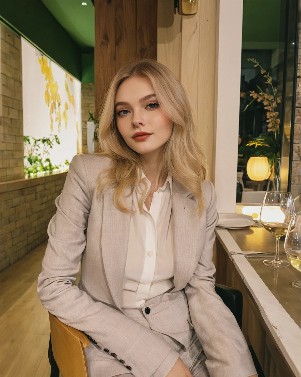 blonde woman sitting on a chair in a restaurant with a glass of wine, Anna Nikonova aka Newmilky, girl in suit, girl in suit, Style of Julia Razumova, Yelena Belova, Dasha Taran, by Emma Andijewska, Julia Gorokhova, A girl with blonde hair, inspired by Florence Engelbach