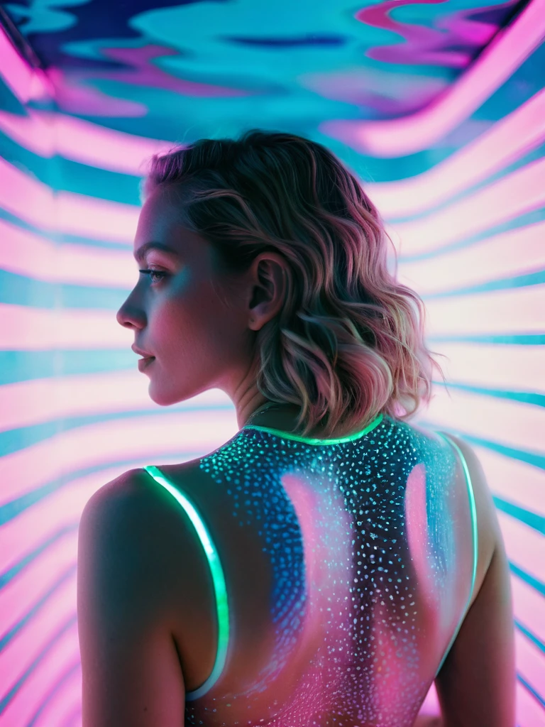 8x10 portrait, woman in neon milk sea, back view. UV-lit glowing patterns. Aero Ektar lens, soft psychedelic effect. Kodak Ektar 100, vibrant. Ecstatic expression, transcendent. High detail, soft pink scheme, cold blue tones, flash light.