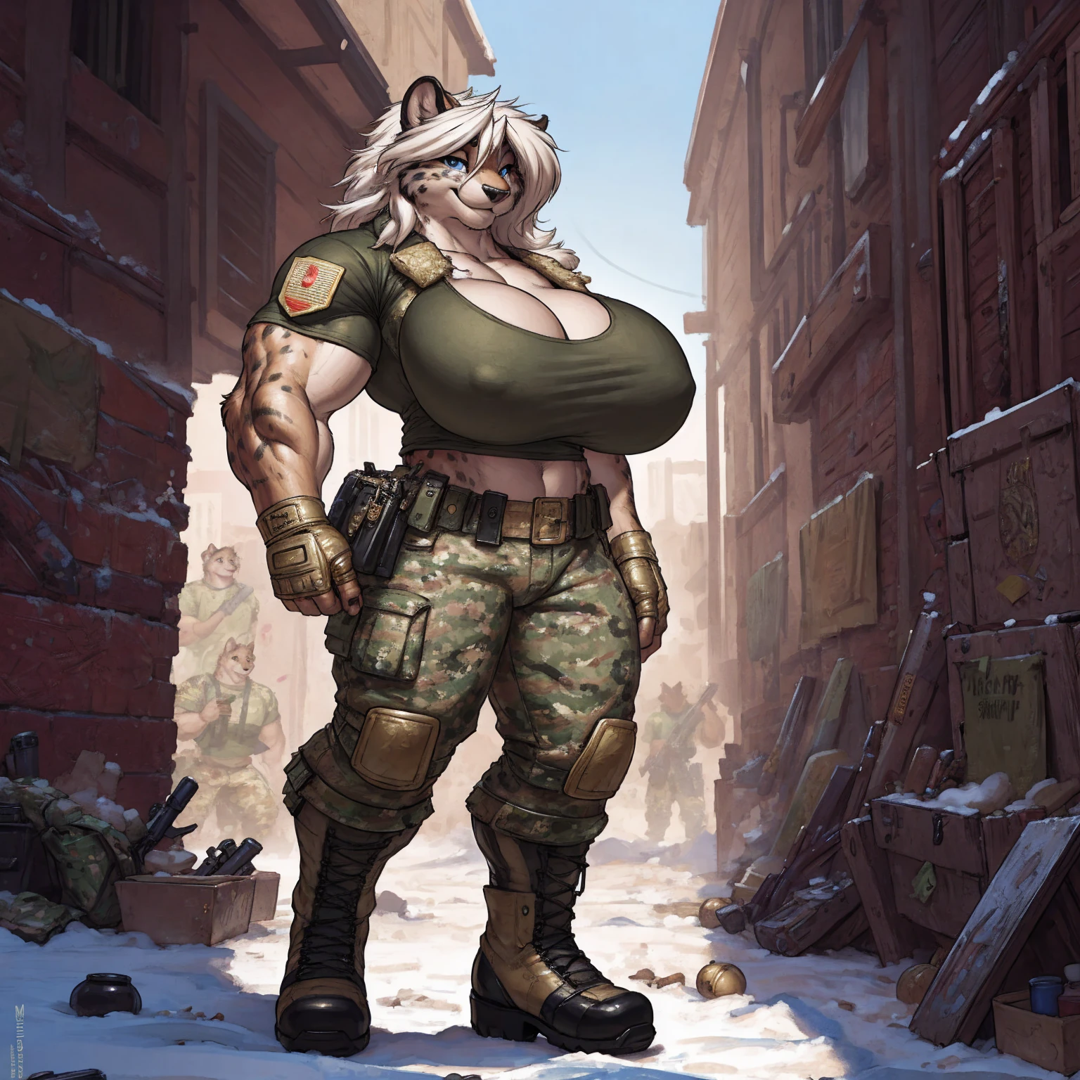 solo, 1girl, snow leopard, white hair, blue eyes, female, buff, muscular, huge breasts, gold eyes, highly detailed eyes, Amazon, wearing camouflage_uniform, (urban uniform:1.2), military camp, rolled sleeves, shirt, trousers, cleavage, standing upright, combat boots, full body, smiling, friendly, looking at viewer, realistic lighting, by darkgem, by meesh, by gideon,