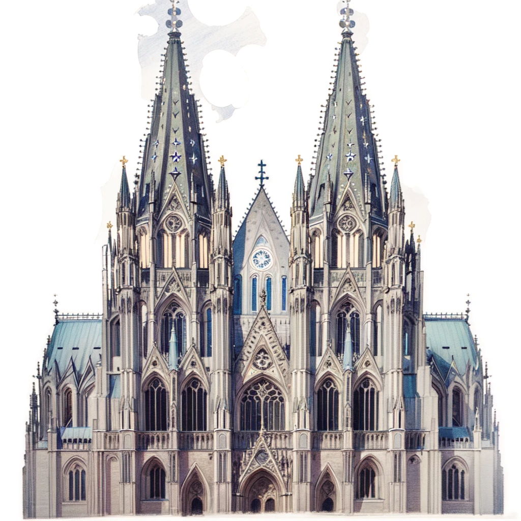 Masterpiece, best quality, very detailed, very detailed drawing of Cologne Dome, Cologne Cathedral, blue sky on the background with many stars and galaxies, very shiny