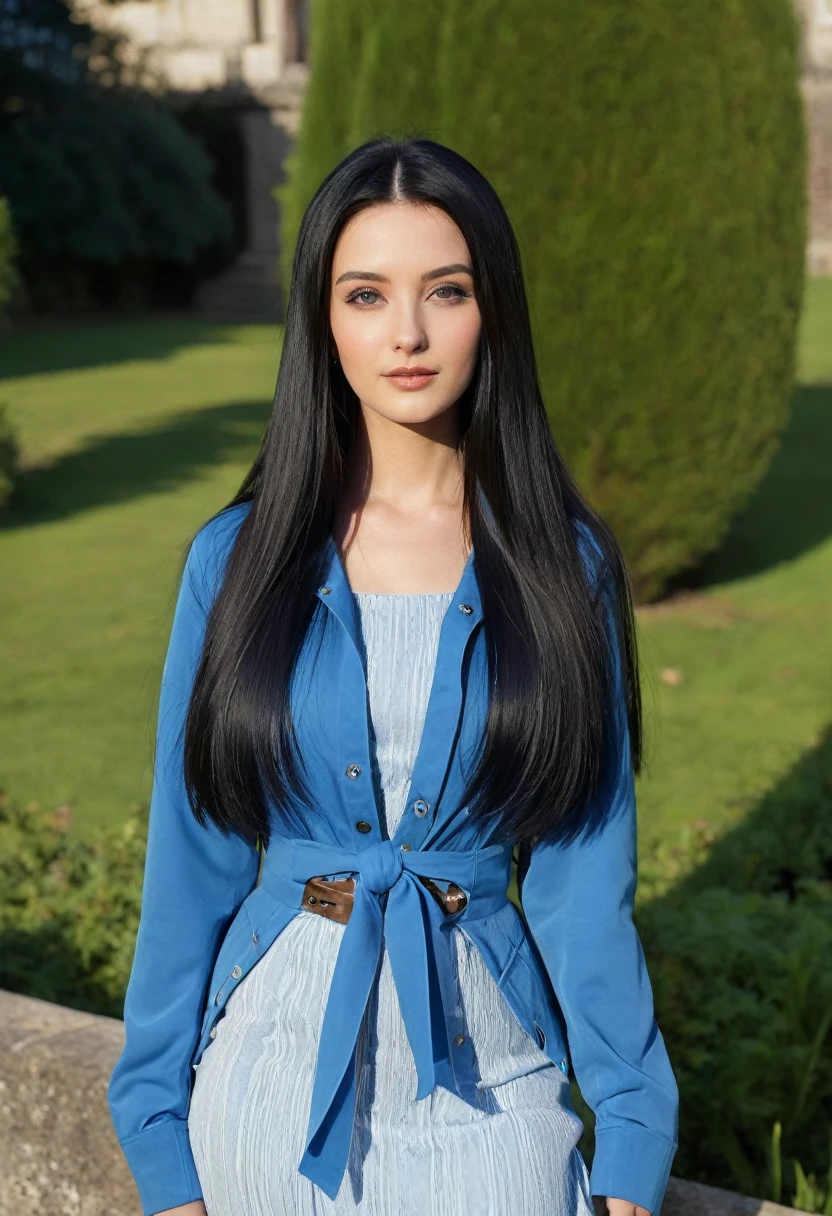 a closeup of a woman wearing a blue jacket and a blue dress, female with long black hair, straight hairstyle, with straight black hair, with long hair, with long dark hair, with long black hair, Her hair is long and straight., young woman with long dark hair, long straight black hair, perfect silky straight hair, girl with super long hair