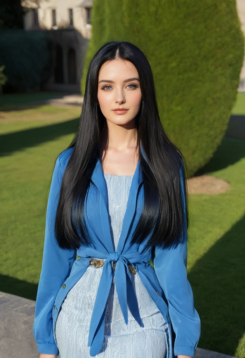 a closeup of a woman wearing a blue jacket and a blue dress, female with long black hair, straight hairstyle, with straight black hair, with long hair, with long dark hair, with long black hair, Her hair is long and straight., young woman with long dark hair, long straight black hair, perfect silky straight hair, girl with super long hair