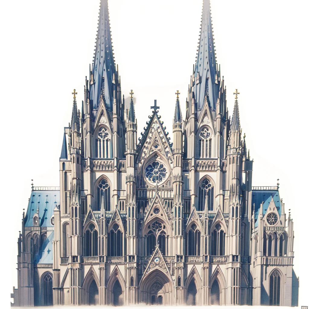 Masterpiece, best quality, very detailed, very detailed drawing of Cologne Dome, Cologne Cathedral, blue sky on the background with many stars and galaxies, very shiny