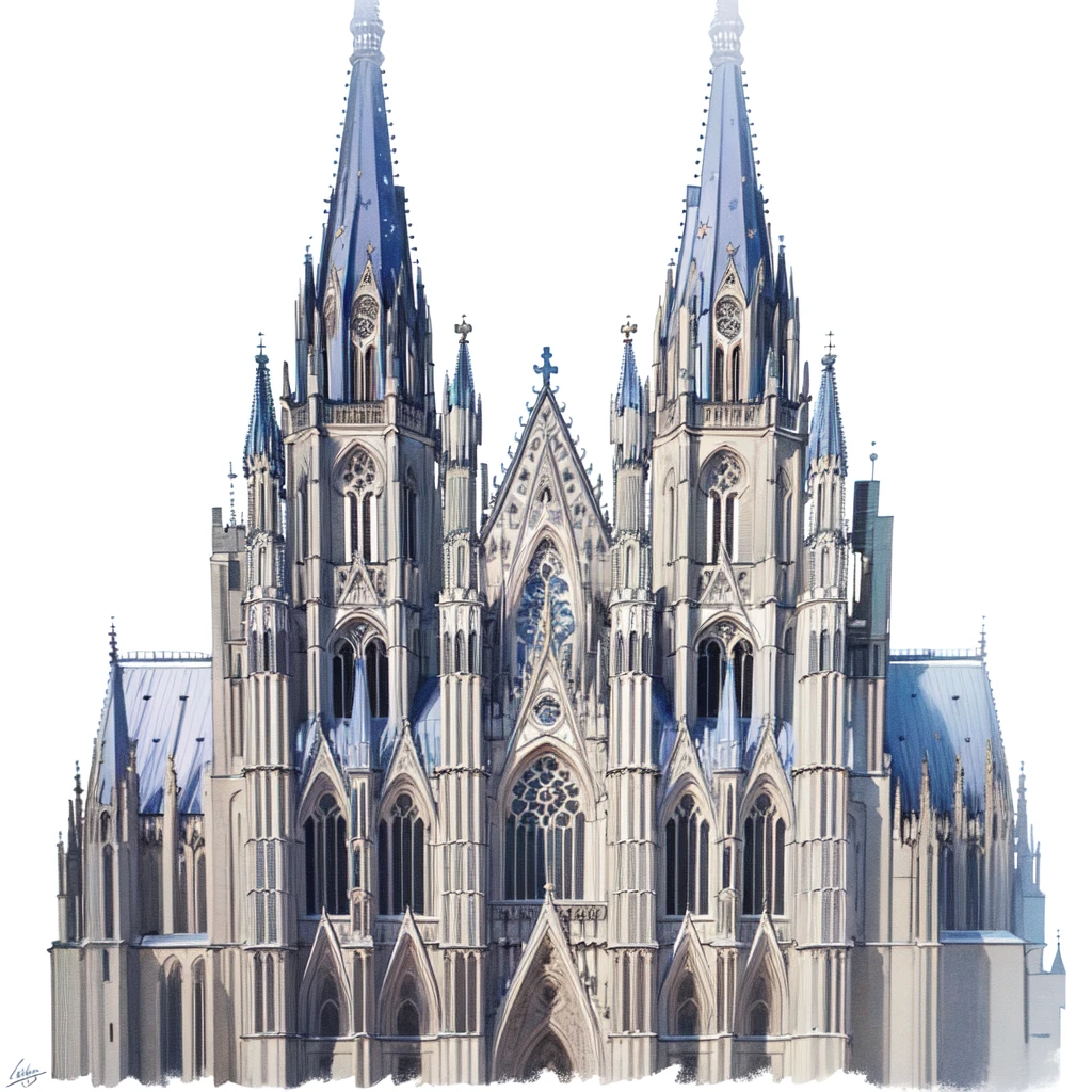 Masterpiece, best quality, very detailed, very detailed drawing of Cologne Dome, Cologne Cathedral, blue sky on the background with many stars and galaxies, very shiny