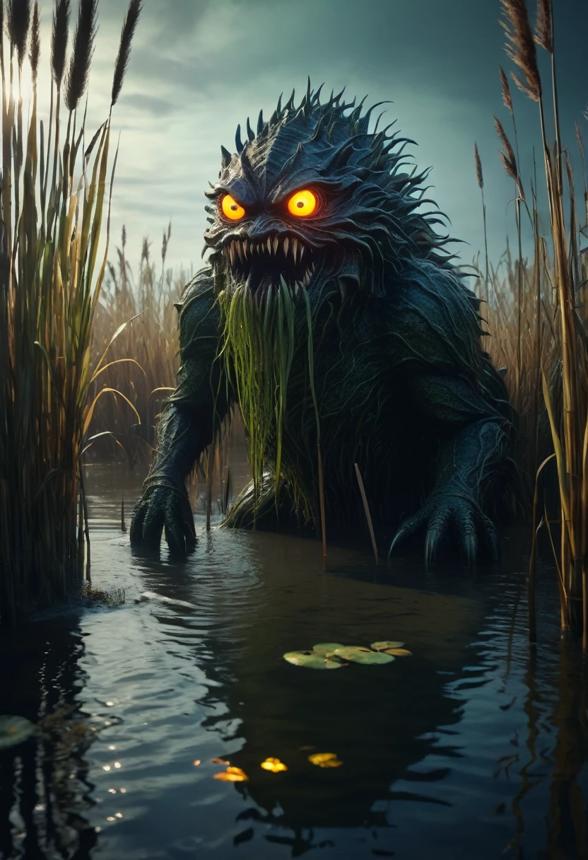 a huge monster with glowing eyes emerging from a swampy lake surrounded by reeds, highly detailed, hyper realistic, 4k, cinematic lighting, photorealistic, dramatic, moody, muted colors, eerie atmosphere, intricate details, volumetric lighting, realistic water effects, intricate texture, incredible depth of field, award winning, masterpiece