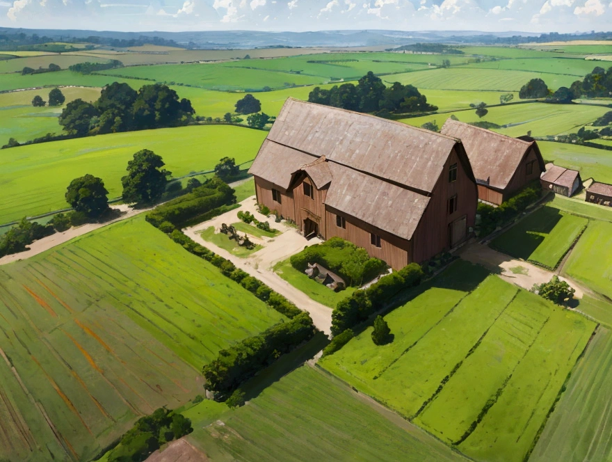 a warm farm with a medieval style at the middle of the day, the camera placed on near the ground and view is a farm house.