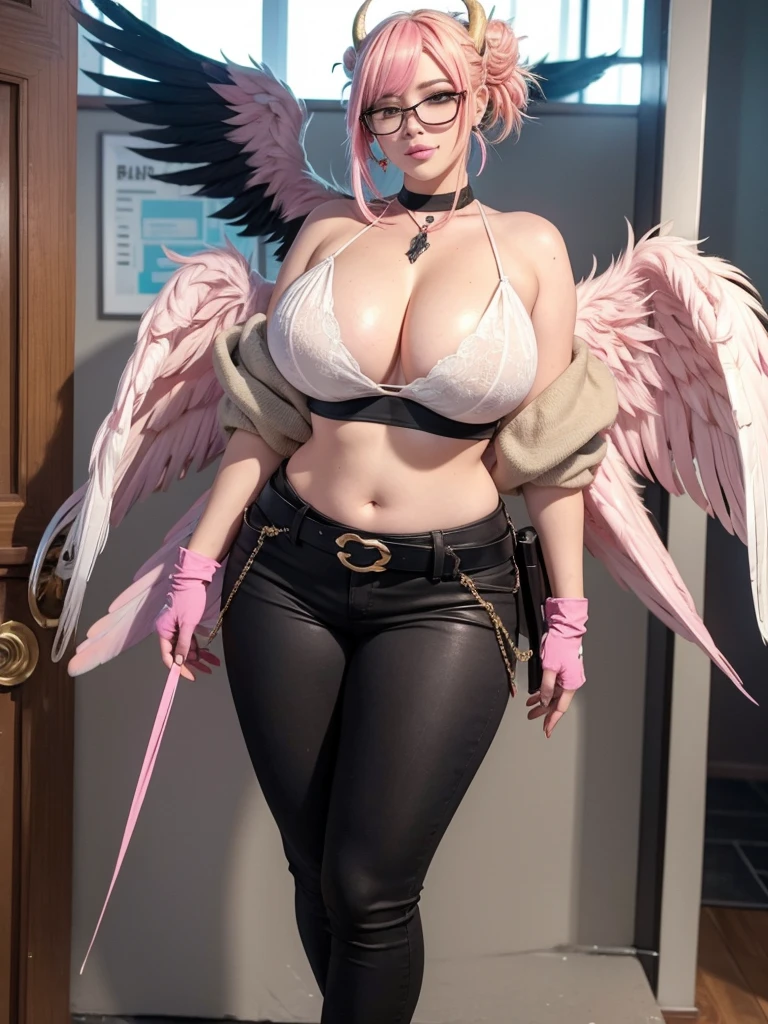 realisticlying,22yo girl,Blonde short、big body, sexy lingerie lace black ,perfect eyes, hair bunches、very very long hair, ultradetailed hair, body nylon sexy, Breasts enlarged、 big body, blonde, woman 1.90 CM,ponytail, ((hair over eyes)),perfect mouth, massive big bounce oppai, WET SKIN, (masterpiece, best quality:1.2), 1girl, solo, city background, haze \(fortnite\), Harpy Haze From fortnite, 1girl, earrings, glasses, hat, jewelry, lips, long hair, looking at viewer, makeup, nail polish, pink eyes, pink hair, pink nails, smile, sunglasses, tinted eyewear, belt, black pants, crop top, eyeshadow, midriff, navel, pants, choker, fingernails, round eyewear, sharp fingernails, standing, black feathers, black headwear, hoop earrings, horned headwear, horns, denim, winged arms, feather trim, star \(symbol\), elbow gloves, dark pink lips, feathers, heels, shoes, angel wings, bangle, black wings, crop top overhang, feathered wings, harpy, low wings, multicolored hair, multicolored wings, pink wings, wings, fingerless gloves, shirt, long fingernails, boater hat, bootcut pants, leather pants, sleeves, black sleeves,massive big bounce oppai,massive big bounce oppai,massive big bounce oppai,big bounce oppai,big bounce oppai,hat devil, Flexible body, curva sexy,Sexy woman Goddess