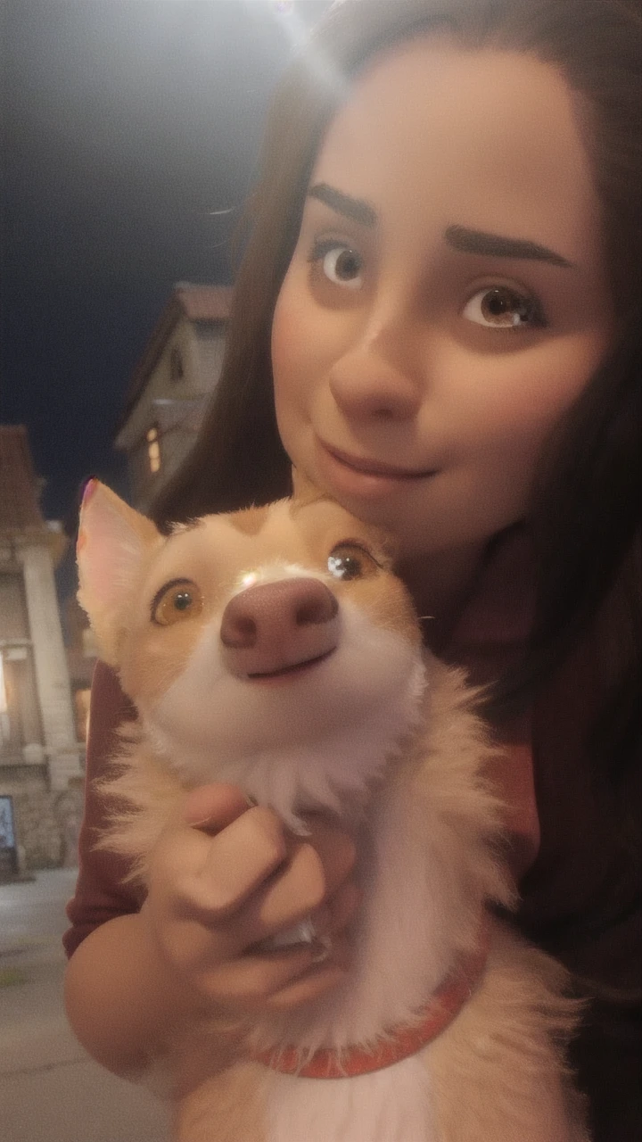 into the image, a woman is holding a small dog, both looking directly at the camera in an outdoor setting, probably overnight, due to the darkness of the sky and visible artificial light. The woman has dark brown hair, long and smooth, that fall on your shoulders. She has brown eyes and well-defined eyebrows.. His face displays a serene expression, with a slight smile on his lips.
The lighting falls on the upper part of her face, creating a subtle glow on your forehead and highlighting skin texture. She wears a long-sleeved blouse in dark brown or burgundy., whose sleeve detail is visible on the left side of the image. in your left hand, who is holding the dog, You can see a silver ring on her ring finger.
The dog is small, with short, shaggy light beige coat, that feels soft to the touch. Your muzzle is pink, with a small white spot in the middle, and his eyes are large and expressive, amber in color. The dog's ears are large and erect, with the tip of the left ear visibly folded back. The light reflects in the dog's eyes, creating a shine that brings life to the animal's look. He wears a red collar, that stands out against his light coat.
Ao fundo, it is possible to see an urban street or alley, with old buildings and graffiti on the walls. Background lighting suggests the presence of streetlights or street lamps, that partially illuminate buildings and sidewalks. In the left corner of the image, there is a structure that appears to be a window or door to a building, with a reflection of light on the glass surface. The setting gives a feeling of tranquility and intimacy, with a slight sensation of nighttime freshness.
