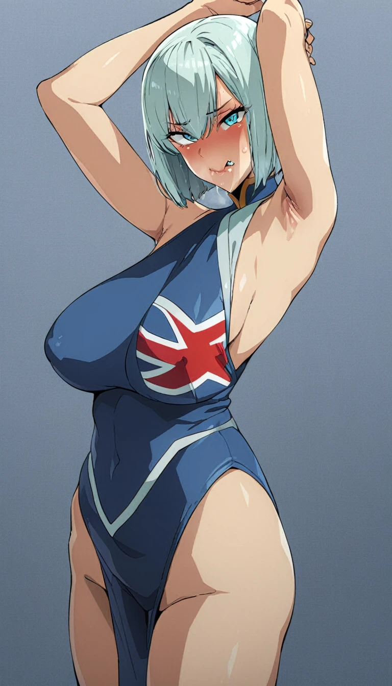((portrait)), (NSFW, Skinny body), (Best Quality, 4k, 8k, high resolution, ultra detailed, animated style, pastel), ((Best Quality)), ((Masterpiece)), ((4k)), ((full HD)), 1 female (alone), (perfect body), (volumetric), short hair, big tits and big butt, beautiful eyes, (sexy dress), (sexy facial expression), blushing cheeks, (the flag), (pose sensual), ((body looking towards the viewer), ((Gray background))
