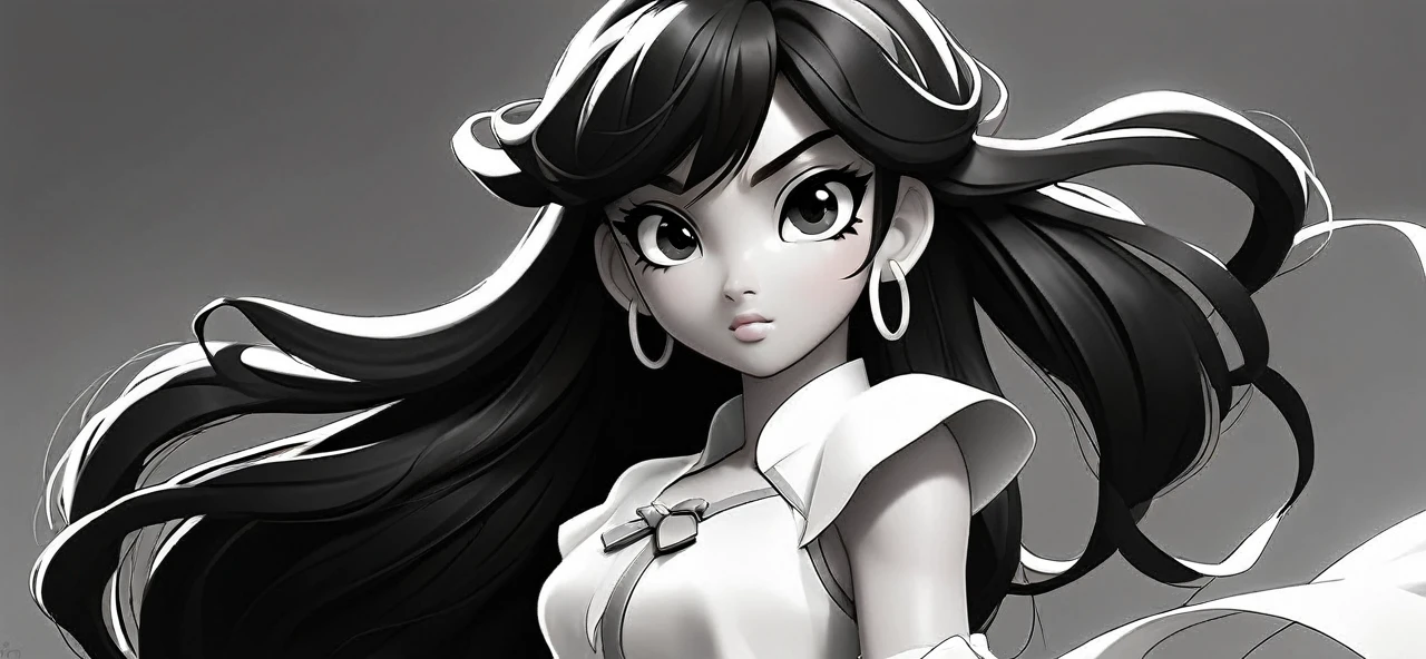 lynn minmay, 1girl, solo, monochrome, braid, looking at viewer, dress, long hair, traditional media, signature, bangs, makeup, own hands together, black hair, upper body, lipstick, drill hair, artist name, twin braids, bridal gauntlets, sleeveless