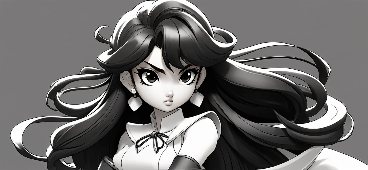 lynn minmay, 1girl, solo, monochrome, braid, looking at viewer, dress, long hair, traditional media, signature, bangs, makeup, own hands together, black hair, upper body, lipstick, drill hair, artist name, twin braids, bridal gauntlets, sleeveless