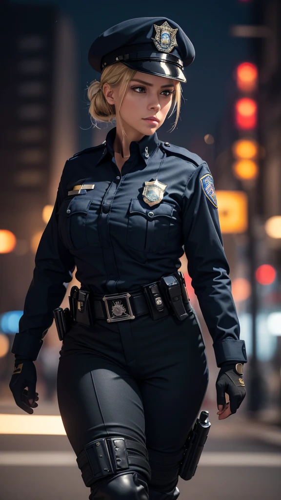 a realistic police woman, police uniform, black pants, police blue uniform with police emblems, military police beret, tactical combat boots, police belt, holding a pistol, blonde hair in military bun, serious expression looking at camera, on a street, (voluptuous bust 1.6), perfect body, (voluptuous hips 2.6), (best quality,4k,8k,highres,masterpiece:1.2),ultra-detailed,(realistic,photorealistic,photo-realistic:1.37),HDR,UHD,studio lighting,ultra-fine painting,sharp focus,physically-based rendering,extreme detail description,professional,vivid colors,bokeh,photography