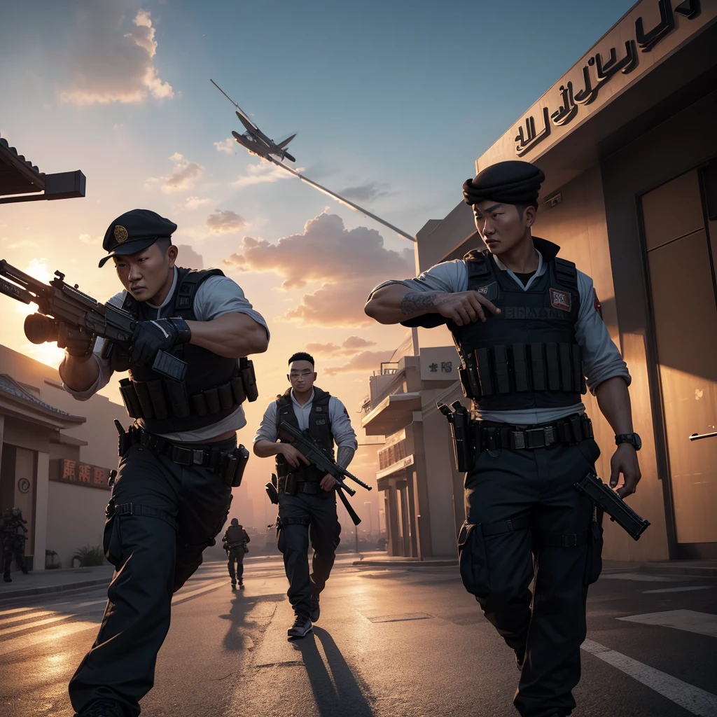 A realistic image of a chinese gang with guns robbing the inside bank in dubai, high quality picture, ultra high quality picture, photorealistic, 4k, 8k, 16k, Volumetric Lighting, full picture, highly detailed lighting, de, beautiful skies, clear skies, sunset