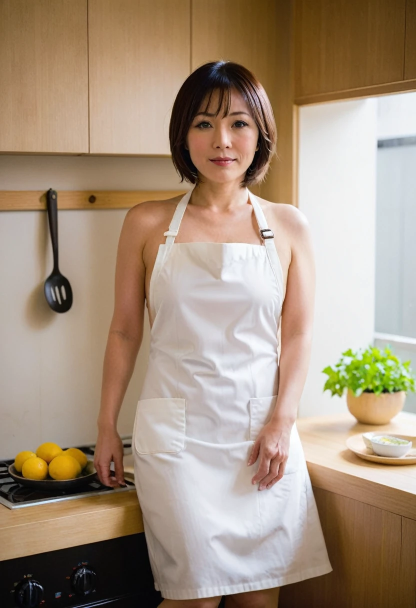 Japanese woman in her 40s、naked apron、kitchen、Bobcut