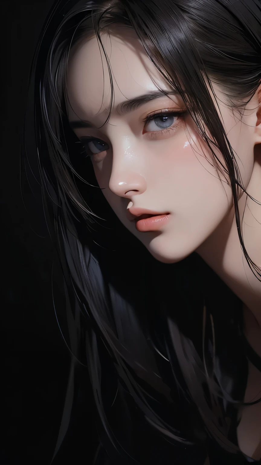 masterpiece, Best Quality, Illustration, Ultra-detailed, finely detail, hight resolution, 8K Wallpaper, Perfect dynamic composition, Beautiful detailed eyes , open mouth, Sexy face,Face feeling ecstasy,Face at the peak of sexual arousal, looking at viewer, ((Dark background)), in the style of Mark Demsteader,