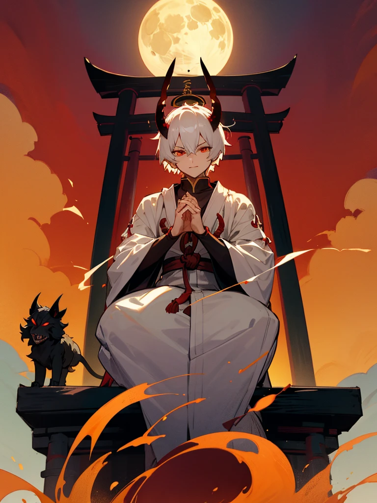Demon, evil eye, horn, white short hair, black armor, torii gate, man, full moon, prayer hands, golden lion