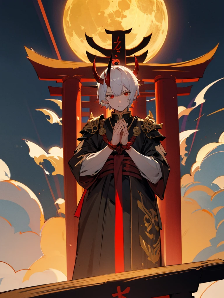 Demon, evil eye, horn, white short hair, black armor, torii gate, man, full moon, prayer hands, golden lion 