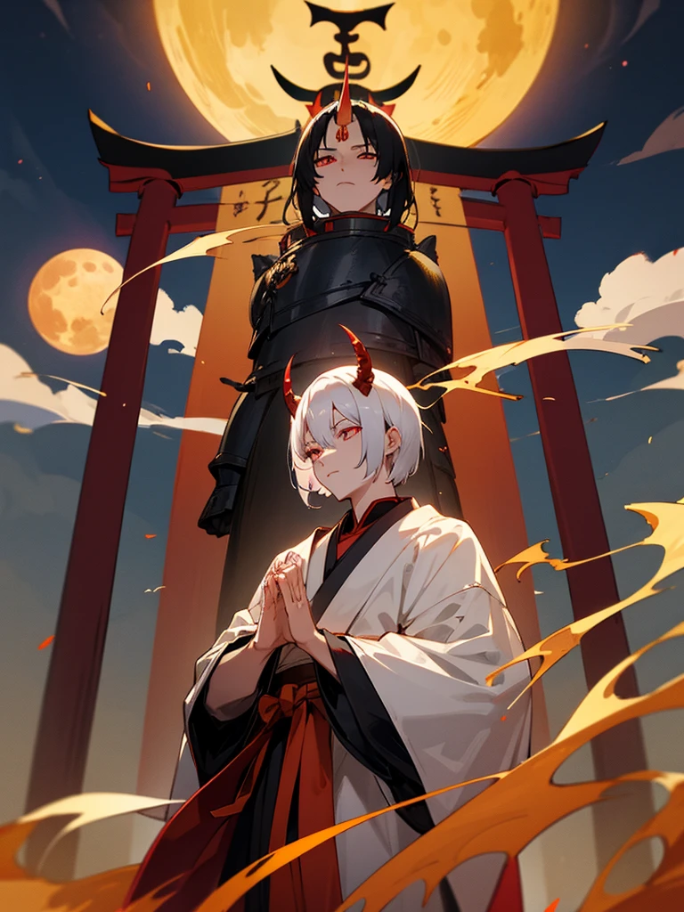 Demon, evil eye, horn, white short hair, black armor, torii gate, man, full moon, prayer hands, golden lion