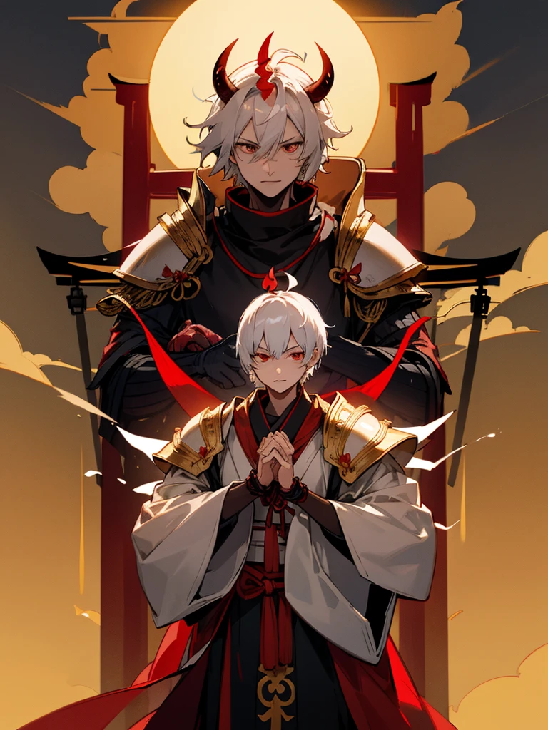 Demon, evil eye, horn, white short hair, black armor, torii gate, man, full moon, prayer hands, golden lion 