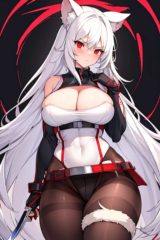 1girl, white hair, long hair, red eyes, serious, glowing eyes, large breasts, thick thighs, mature female, athletic female, toned, leotard, black leotard, thighhighs, belt, knife, knifes, pantyhose, ((belt)), black pantyhose, fur trim, fur, ((fur trim))