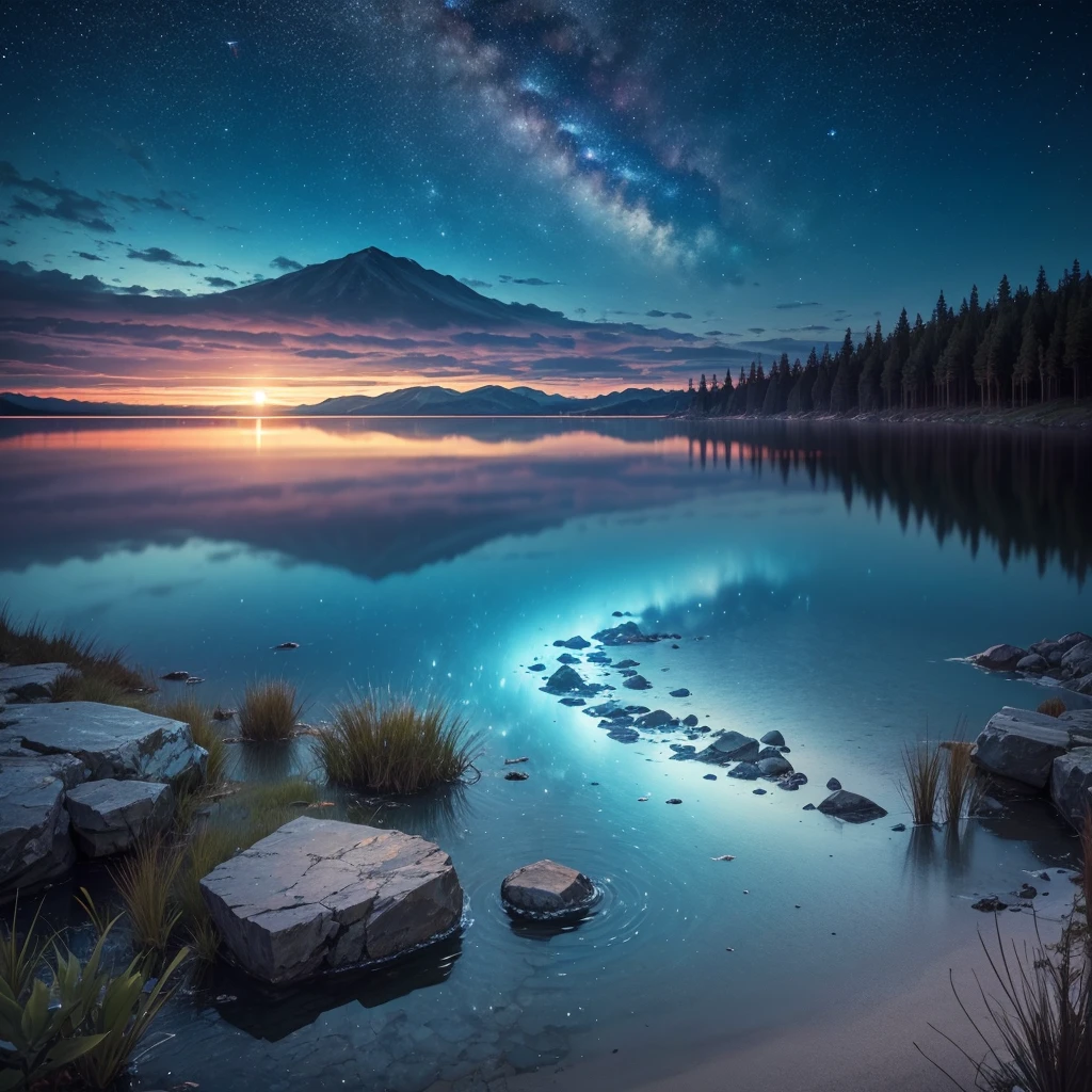 lake with night sky, with cyan star