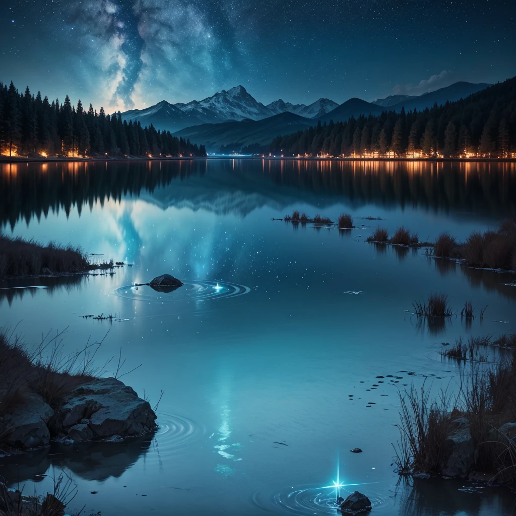 lake with night sky, with cyan star