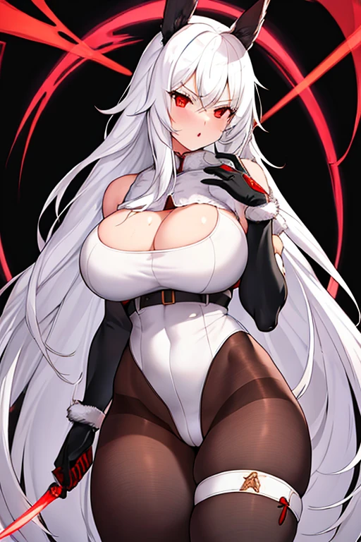 1girl, white hair, long hair, red eyes, serious, glowing eyes, large breasts, thick thighs, mature female, athletic female, toned, leotard, black leotard, thighhighs, belt, knife, knifes, pantyhose, ((belt)), black pantyhose, fur trim, fur, ((fur trim))