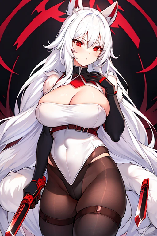 1girl, white hair, long hair, red eyes, serious, glowing eyes, large breasts, thick thighs, mature female, athletic  female, toned, leotard, black leotard, thighhighs, belt, knife, knifes, pantyhose, ((belt)), black pantyhose, fur trim, fur, ((fur trim))