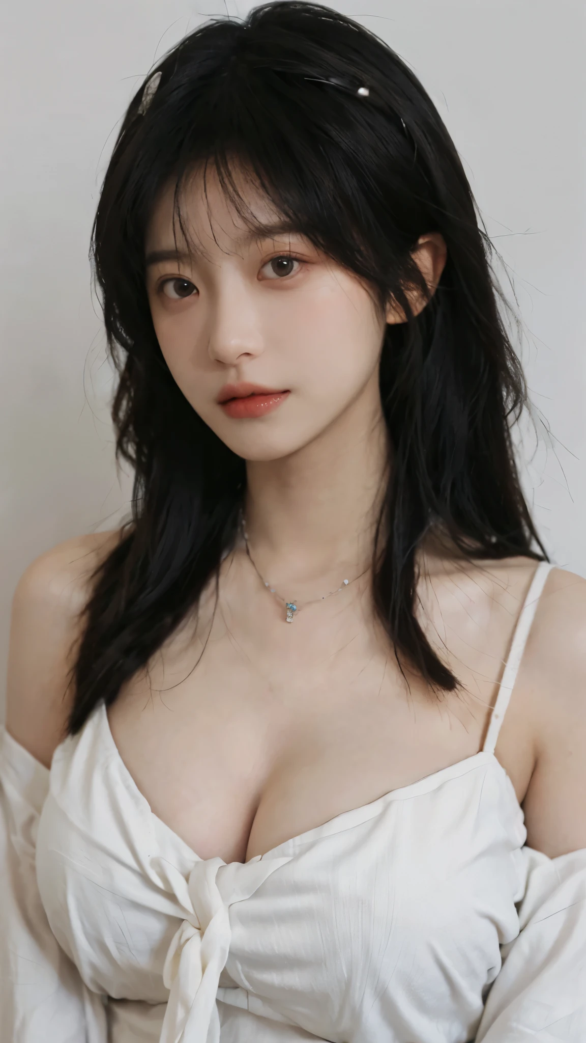 Portrait photography,1 girl,White background,Flowers,White JK,Bare shoulders,Lipstick,(Big Breasts:1.6),Shoulder-Length Wavy Hair,Wear a necklace,Headband,serene,calm,(Realistic and detailed eyes,Natural skin texture,Realistic facial details),
