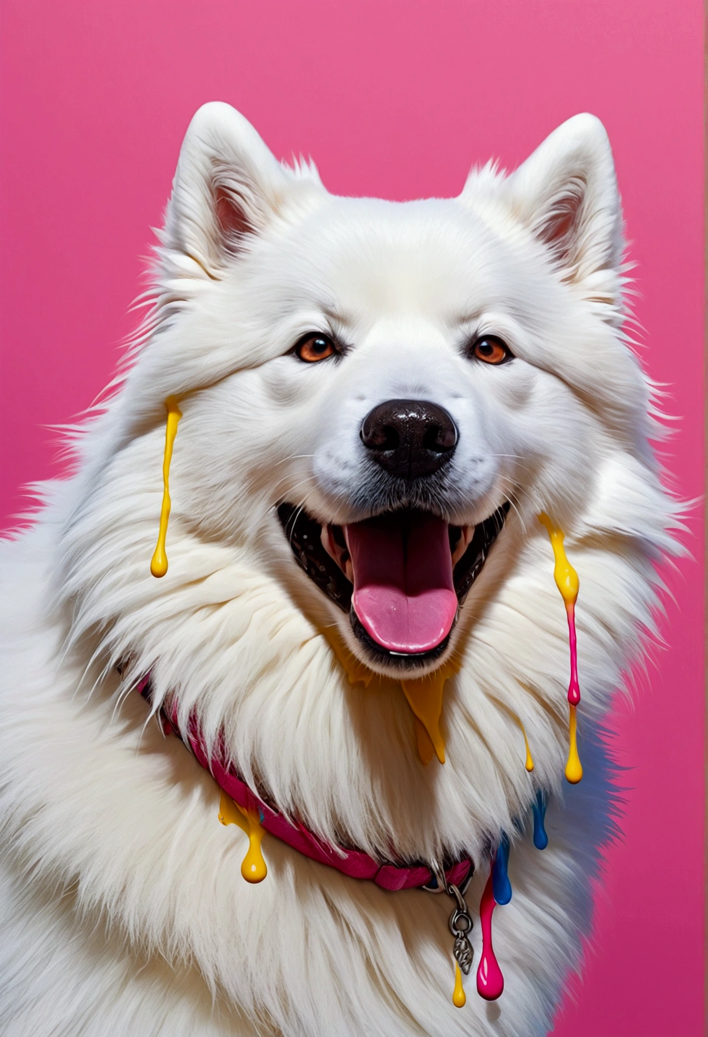 splash art, completely white samoyed dog, Black eye, pink nose, ((White background)), piercing eyes, Epic Instagram, art station, colorful ink initial style, contour, hyper-detailed intrinsically detailed , engine unreal, Fantastic, intricate-detail, opening screen, colors complementary, fantasy concept art, 8k resolution, deviantart masterpiece, oil painting, Heavy strokes, dripping paint, artes splash