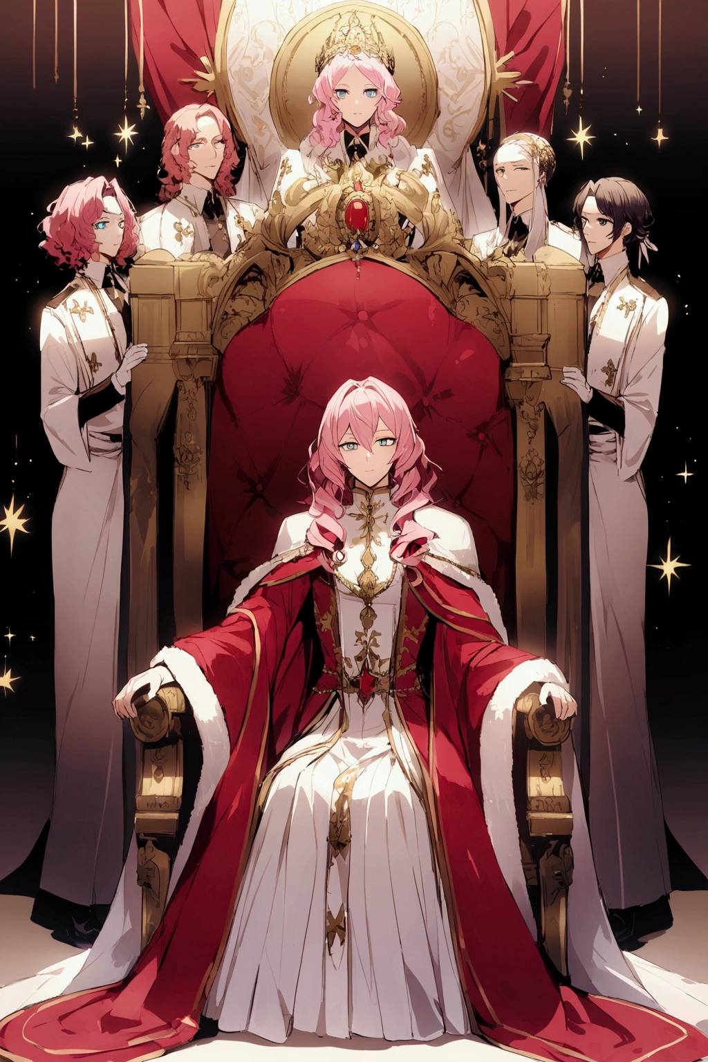 monarch、suzerain, The empress sits on the throne、With his aide by his side、Pink Hair、blue eyes
