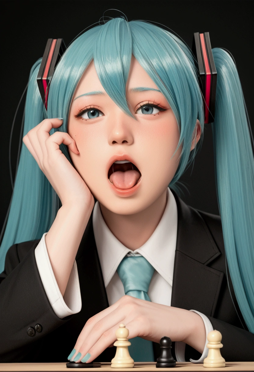 score_9, score_8_up, score_7_up, score_6_up, score_5_up, score_4_up,Hatsune Miku playing chess against a rusty robot、Yawning with boredom、Resting one's chin on one's hand