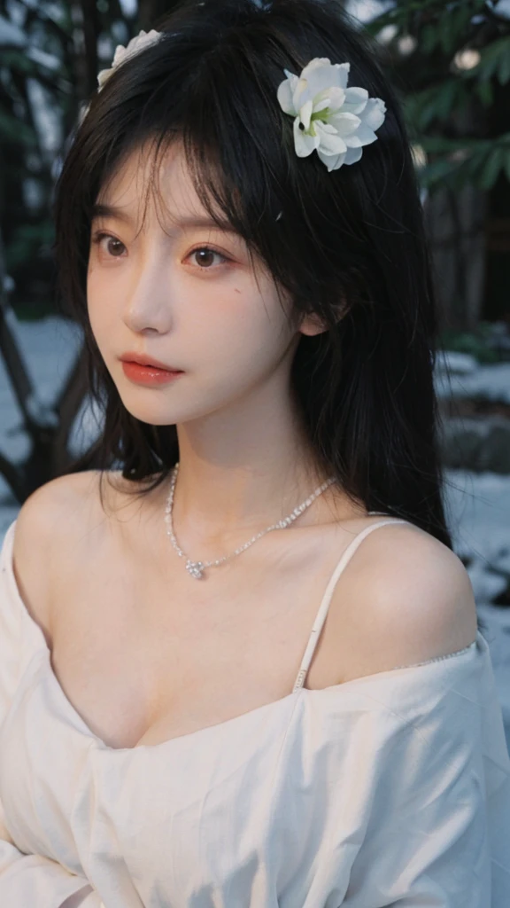 Portrait photography，1 girl，Snow Scene，Snowing background，Flowers，White JK，Bare shoulders，Lipstick，(Big Breasts:1.6)，Shoulder-Length Wavy Hair，Wear a necklace，Headband，serene，calm，(Realistic and detailed eyes，Natural skin texture，Realistic facial details)，