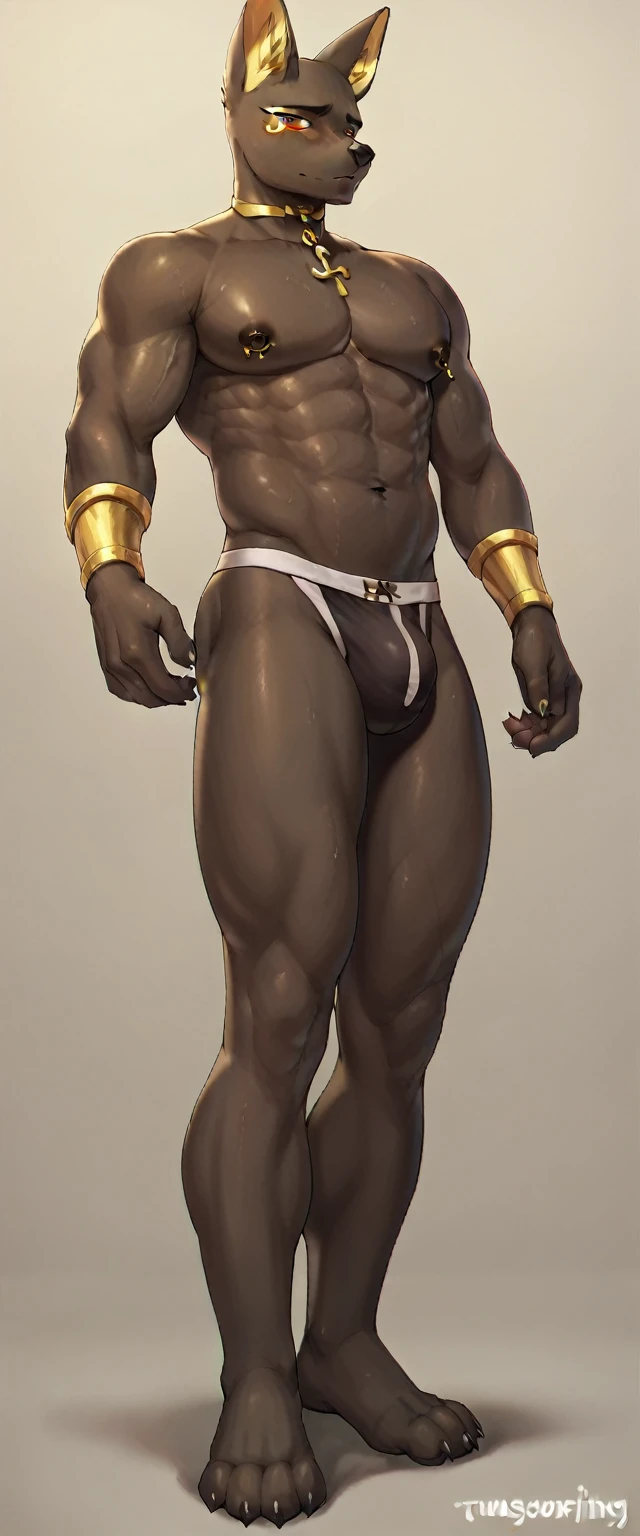 anubis, muscular, , navel, male chest, naked, briefs, legs, paws, full length, large bulge at the bottom, Eyes looking at us, Golden Nipple Pierc