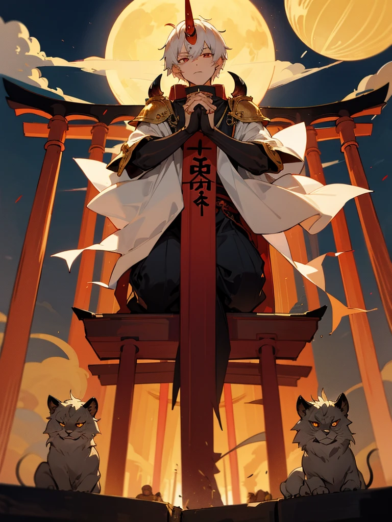 Demon, evil eye, horn, white short hair, black armor, torii gate, man, full moon, hands together in prayer, golden lion, sitting