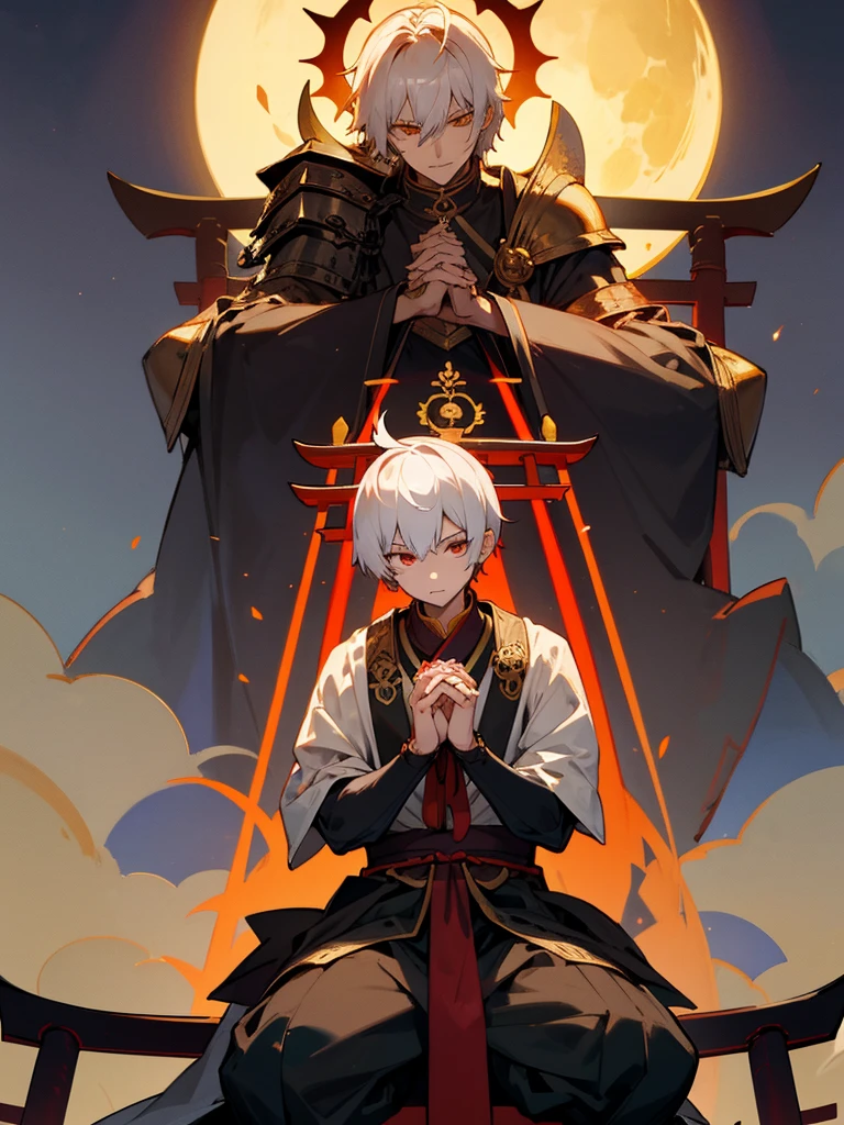 Demon, evil eye, horn, white short hair, black armor, torii gate, man, full moon, hands together in prayer, golden lion, sitting
