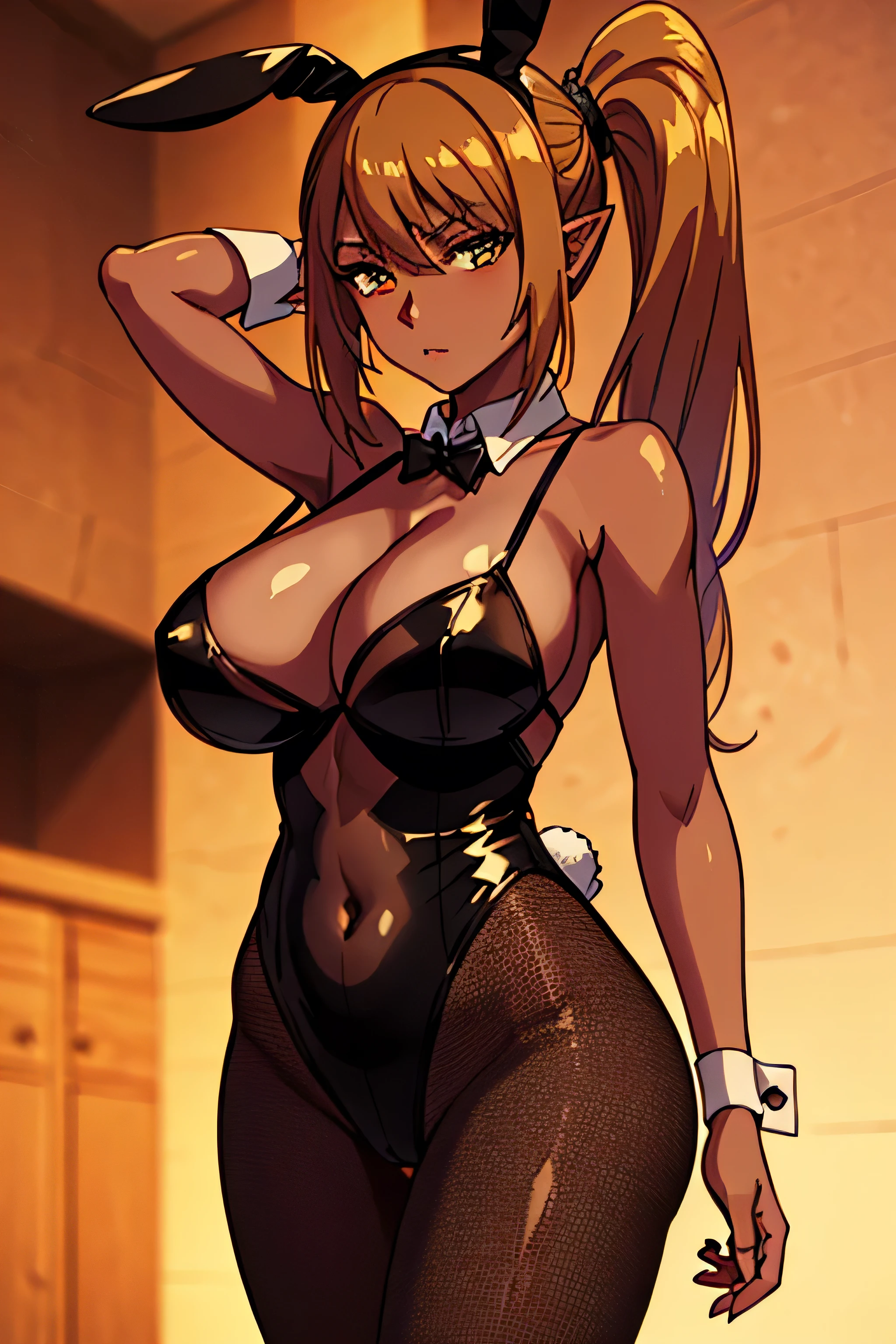 ((((Ultra-detailed,masterpiece,Highest quality)))),NSFW,(Audience Chamber:1.3),(((Blonde side ponytail long hair,Pointy Ears:1.1))),(Red Eye:0.6),(((Dark Skin:1.5))),(Huge breasts:1.2),(model:1.1),(Moderate),(Tattoo),(Collar with chain),(Natural Makeup),(Shiny clothes,Shiny body),(Ecstasy:1.3),((Five Fingers)),(((See-through black bunny girl:1.5))), (Shiny clothes:0.8),(Tattoo:1.1),(vapor:1.1),(Detailed fingers),Cowboy Shot, (smile:0.5), (blush:0.9),((Beautiful fingers)),(Hide your hands behind your head)