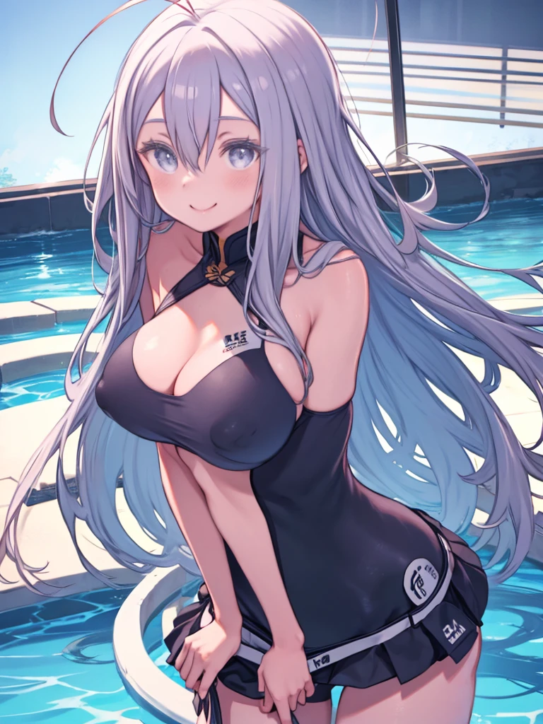 One Woman、Grey Eyes、Grey Hair、Hair between the eyes、Long Hair、Ahoge、((Big Breasts、Huge breasts))、School Swimsuit、White bib number、Pool、Smile、Twisting the body、