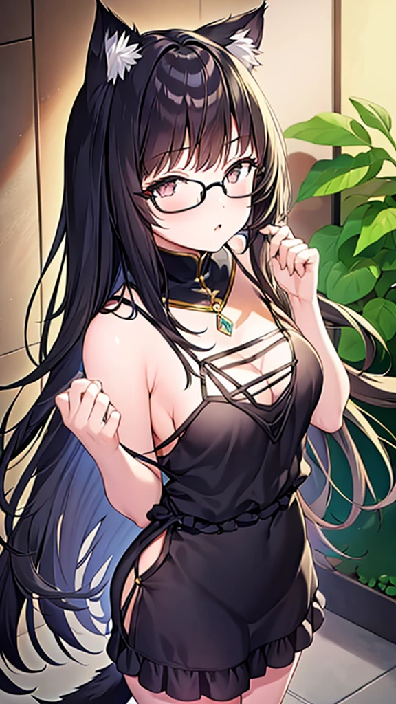 A 20-year-old cat girl with long black hair, gray eyes, cat ears and a cat tail, wears glasses, black long dresses sexy, sleeveless, standing, looking down