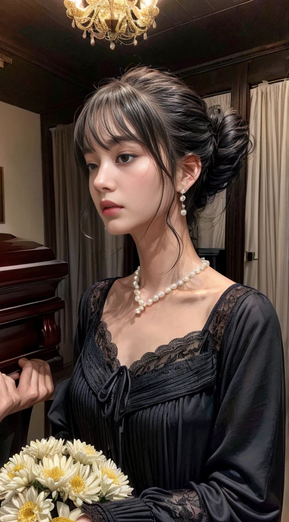 Cowboy Shot、(Updo with bangs)、straggling hair、Black Hair、(Hanging Hair)、((widow))、((mourning dress))、((((Black long sleeve mourning clothes))))、(((Japanese-style room)))、((((Funeral))))、Black formal wear、Highest quality,(RAW Photos:1.2)、(Realistic:1.4),(High resolution:1.4), 1 Girl, Written boundary depth,, Exquisitely crafted,8K, Very detailed, Perfect lighting, Spectacular Background、((Delicate painting)),(女の子の詳細なRAW Photos),(Highest quality:1.6), (超High resolution:1.5), (Realistic:1.75), 8K resolution, Canon EOS R5, 50mm, Very detailedな,Cinema Lighting,Correct finger、sit、Pearl Necklace、Pearl Earrings、(Clothing that covers the chest)、((There is a coffin))、((Minimally revealing clothing))、(The altar is decorated with a bouquet of chrysanthemums.)、candlestick、