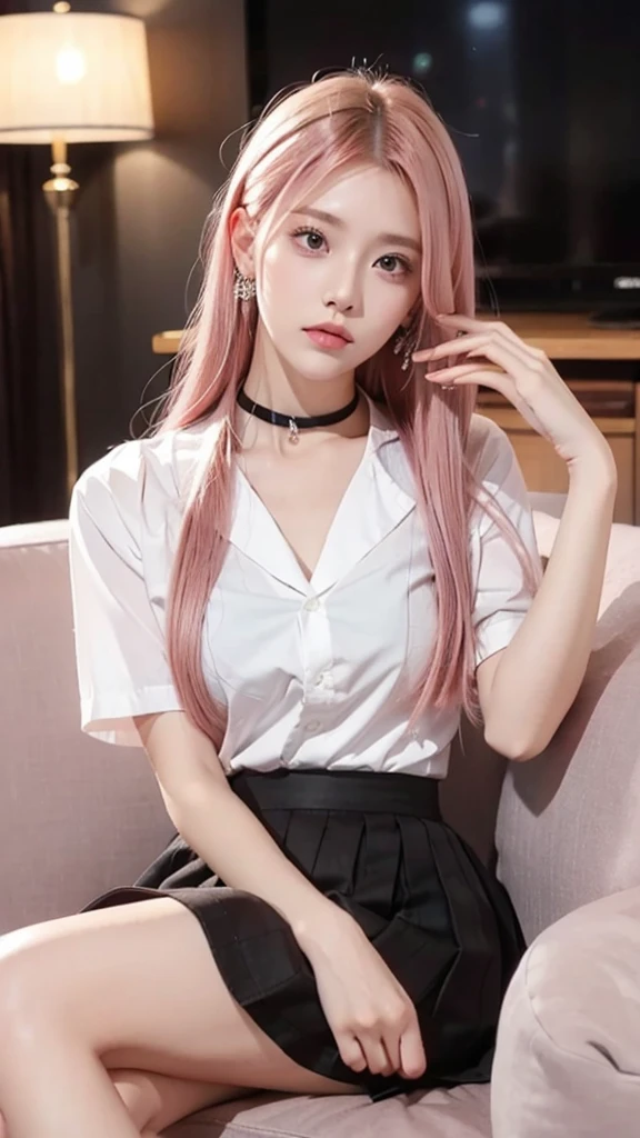 1 woman, yellow eyes, Twin hair, long hair, pink hair, Medium bust, Medium ass, bobby pins, choker, bored facial, earring, short skirt, The white shirt almost came off., sitting on the sofa, lazy, relax, sleepy face , bored, Drink beer, Red face from drinking, blurred background, Very detailed, 8k wallpaper, glare, Ray tracing, realistic