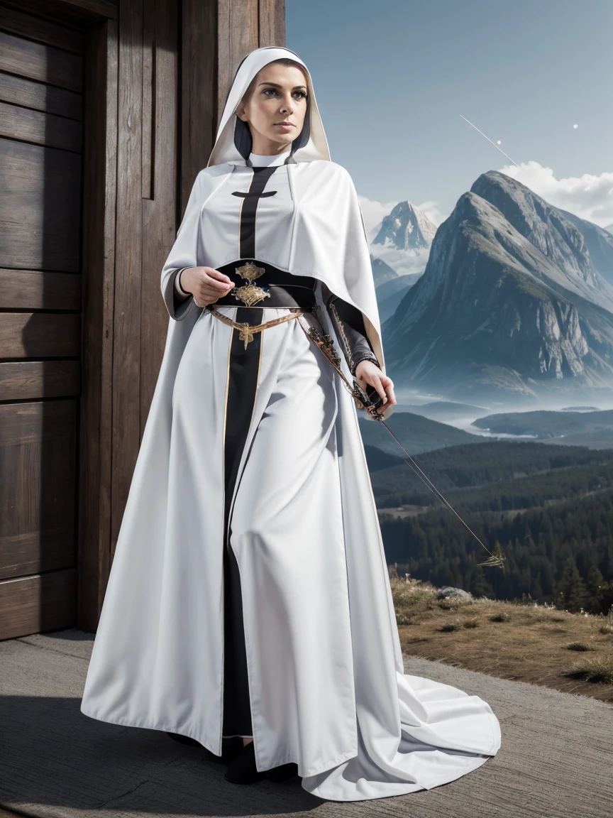 (masterpiece, top quality, best quality, official art, beautiful and aesthetic:1.2), (1girl:1.3), ((Sharp facial features, sharp features, hawkish features)), ((grey eyes)), busty paladin knight girl, extremely detailed, portrait, looking at viewer, solo, (full body:0.6), detailed background, full-body shot, (cold mountain nighttime glacier theme:1.1), holy knight, (nun), charlatan, smirk, mysterious, swaying in mountains, armor, polished metal, gold trim, long boots, white fabric, pelvic curtain, robe, pale leather, ((((nun, crossbow, heavy armor, armored, long legs, robes, prayer scrolls, toned, muscular)))), slim waist, slim hips, long legs, medieval (mountain exterior:1.1) background, dark mysterious lighting, shadows, magical atmosphere, dutch angle
