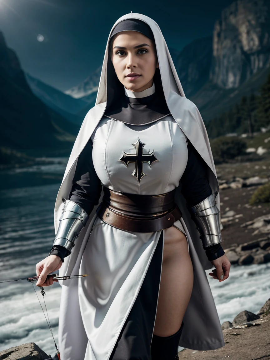 (masterpiece, top quality, best quality, official art, beautiful and aesthetic:1.2), (1girl:1.3), ((Sharp facial features, sharp features, hawkish features)), ((grey eyes)), busty paladin knight girl, extremely detailed, portrait, looking at viewer, solo, (full body:0.6), detailed background, full-body shot, (cold mountain nighttime glacier theme:1.1), holy knight, (nun), charlatan, smirk, mysterious, swaying in mountains, armor, polished metal, gold trim, long boots, white fabric, pelvic curtain, robe, pale leather, ((((nun, crossbow, heavy armor, armored, long legs, robes, prayer scrolls, toned, muscular)))), slim waist, slim hips, long legs, medieval (mountain exterior:1.1) background, dark mysterious lighting, shadows, magical atmosphere, dutch angle
