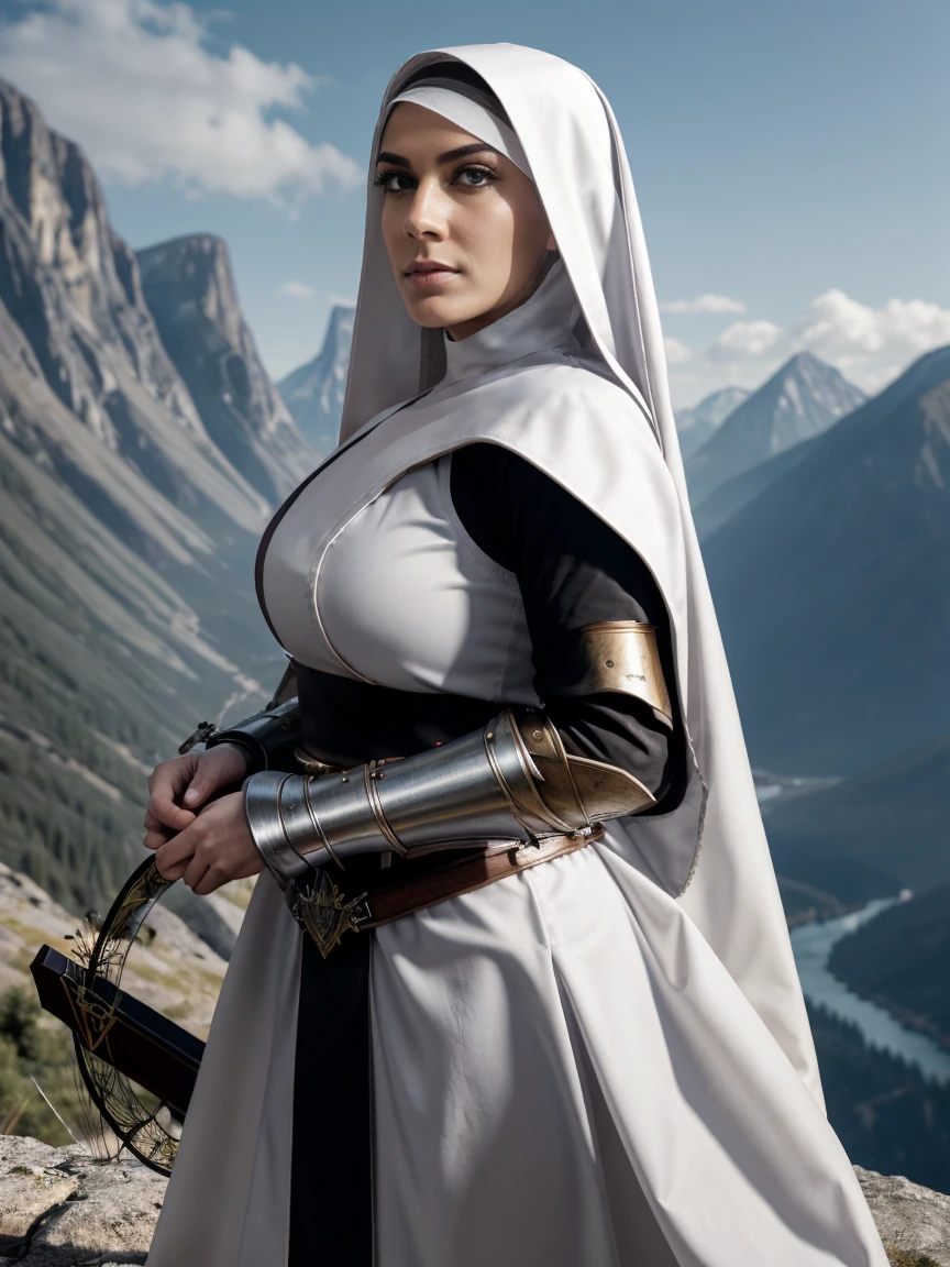 (masterpiece, top quality, best quality, official art, beautiful and aesthetic:1.2), (1girl:1.3), ((Sharp facial features, sharp features, hawkish features)), ((grey eyes)), busty paladin knight girl, extremely detailed, portrait, looking at viewer, solo, (full body:0.6), detailed background, full-body shot, (cold mountain nighttime glacier theme:1.1), holy knight, (nun), charlatan, smirk, mysterious, swaying in mountains, armor, polished metal, gold trim, long boots, white fabric, pelvic curtain, robe, pale leather, ((((nun, crossbow, heavy armor, armored, long legs, robes, prayer scrolls, toned, muscular)))), slim waist, slim hips, long legs, medieval (mountain exterior:1.1) background, dark mysterious lighting, shadows, magical atmosphere, dutch angle