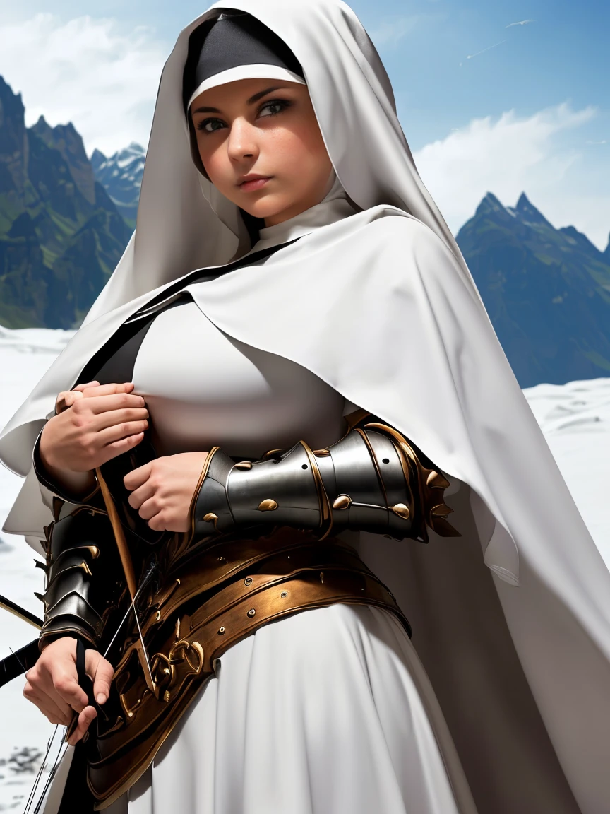 (masterpiece, top quality, best quality, official art, beautiful and aesthetic:1.2), (1girl:1.3), ((Sharp facial features, sharp features, hawkish features)), ((grey eyes)), busty paladin knight girl, extremely detailed, portrait, looking at viewer, solo, (full body:0.6), detailed background, full-body shot, (cold mountain nighttime glacier theme:1.1), holy knight, (nun), charlatan, smirk, mysterious, swaying in mountains, armor, polished metal, gold trim, long boots, white fabric, pelvic curtain, robe, pale leather, ((((nun, crossbow, heavy armor, armored, long legs, robes, prayer scrolls, toned, muscular)))), slim waist, slim hips, long legs, medieval (mountain exterior:1.1) background, dark mysterious lighting, shadows, magical atmosphere, dutch angle